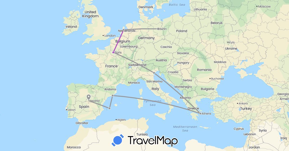 TravelMap itinerary: driving, plane, train in Germany, Spain, France, Greece, Italy, Netherlands (Europe)